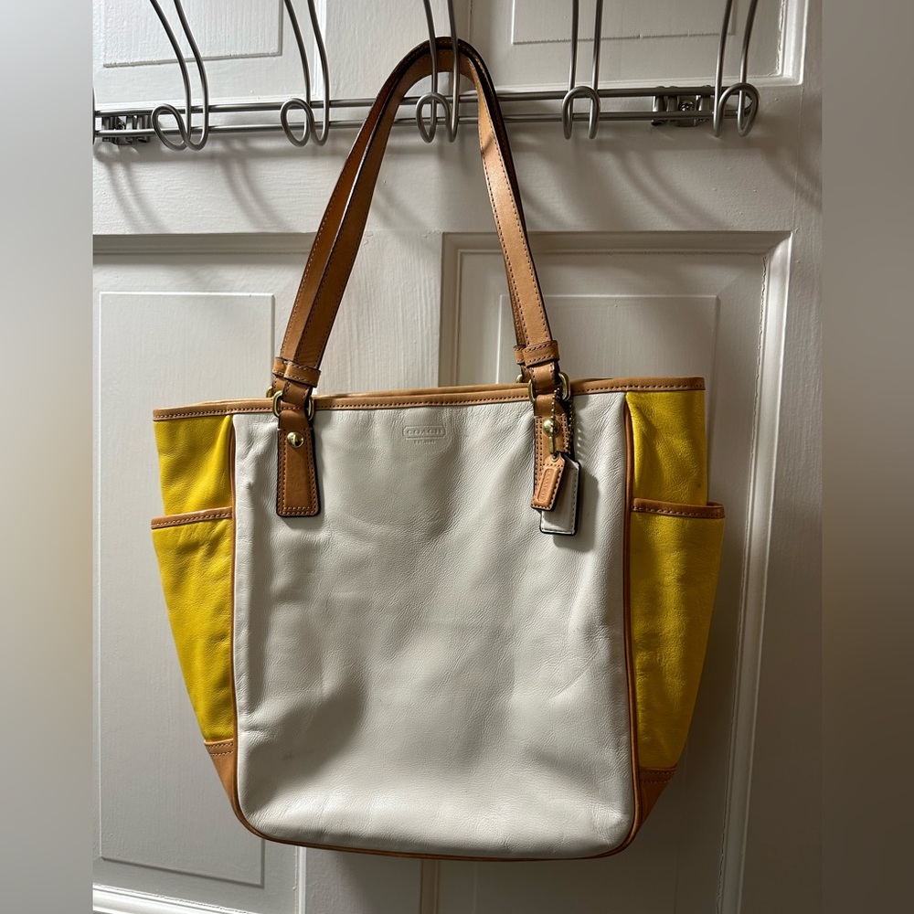 Coach White and Yellow Leather Tote with Tan Trim